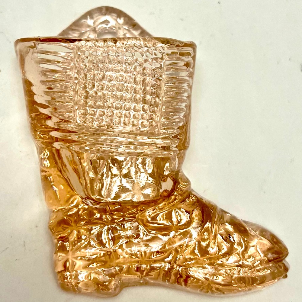 VTG PINK DEPRESSION GLASS WALL HANGING BOOT TOOTHPICK/MATCHSTICK HOLDER
